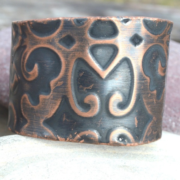 Solid Copper Filigree Wide Cuff Bracelet Damask Patina Embossed Handmade Custom - Picture 2 of 8